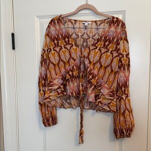 Boho Tie-Front Long Sleeve Top in Rust & Pink